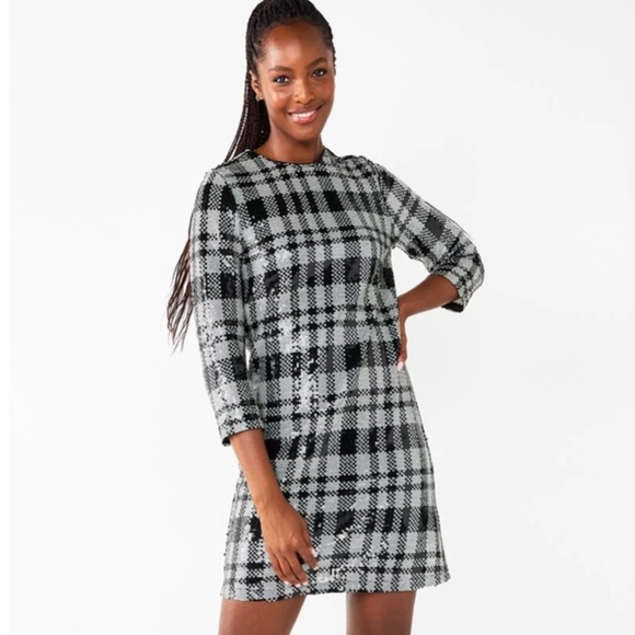 Draper James Sequin Sheath Dress Plaid Black White Size 12 - Picture 1 of 11